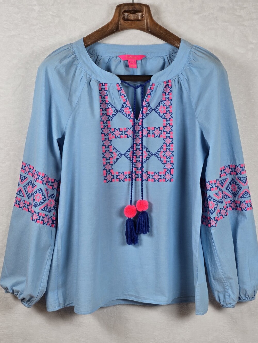 Lilly Pulitzer Cecile Pink Embroidered Tunic Zanzibar Blue Sz.S Boho Peasant Top - Picture 2 of 11